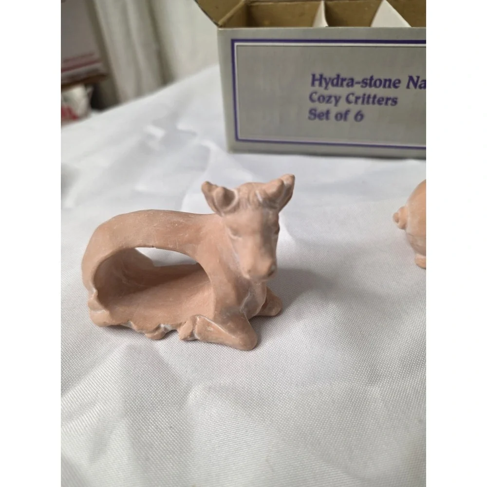 COZY CRITTERS HYDRA-STONE NAPKIN RINGS SET OF 6 TOYO KOREA ANIMALS PETS IN BOX